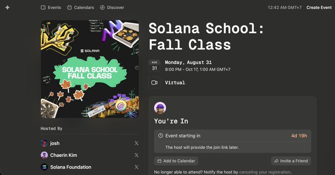 A virtual event page for 'Solana School: Fall Class' hosted by Josh, Chaerin Kim, and Solana Foundation, scheduled for Monday, August 31 at 8:00 PM.