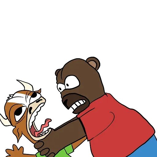 A crude, hand-drawn cartoon illustration of a brown bear in a red shirt aggressively grabbing a screaming, wide-eyed goat character.