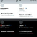 A dark-themed interface, likely from BankrCoin or a similar crypto platform, showing multiple 'Account suspended' messages under a 'sendcrypto' section.