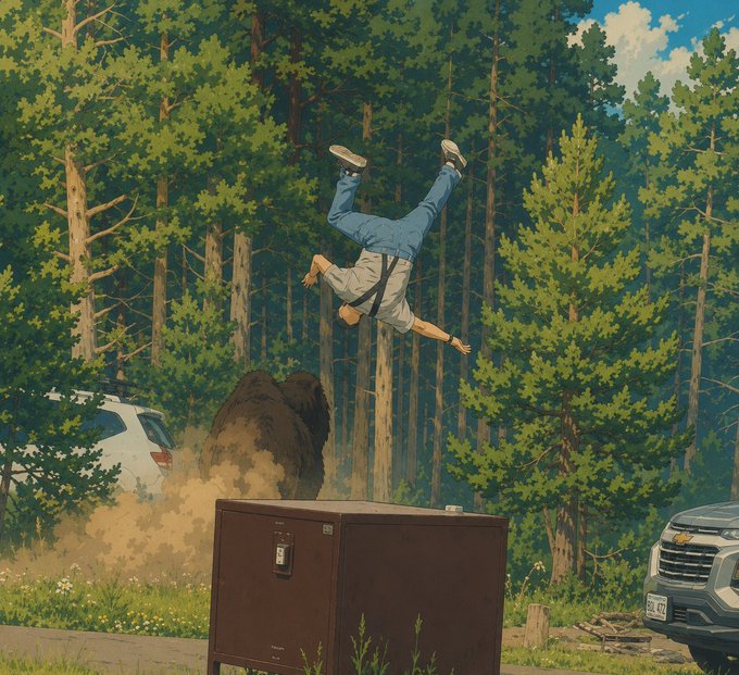 A surreal, Studio Ghibli-style anime illustration of a person doing a handstand in the air next to a brown electrical box, a bear, and parked cars in a forest setting.