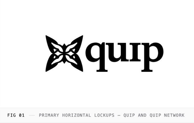 The image features a logo for Quip Network, which is a company that focuses on web3 technology. The logo consists of a black butterfly design surrounded by white text. Below the butterfly design, there are three lines of text that read "Quip" followed by "Network". These words are arranged in a horizontal layout with the butterfly design at the center. The image also includes some text that reads "Primary Horizontal Lockups - Quip and Quip Network", which is likely an advertisement or promotional material for the company's services.