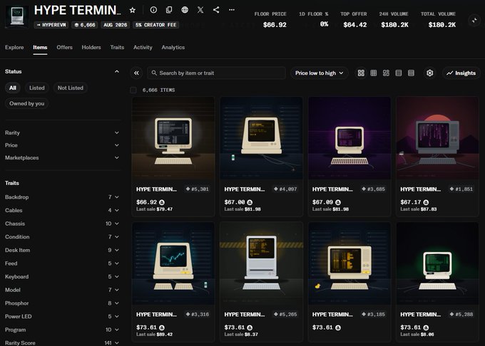 Marketplace interface displaying HYPE TERMIN... (HYPEREVM) NFT items being sold at various prices ranging from $66.92 to $73.61, with a floor price of $66.92.