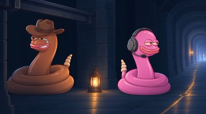Two cartoon worms sit on a stone floor: a brown worm wearing a cowboy hat with a tear in its eye, and a pink worm wearing a headset, with a lantern between them.