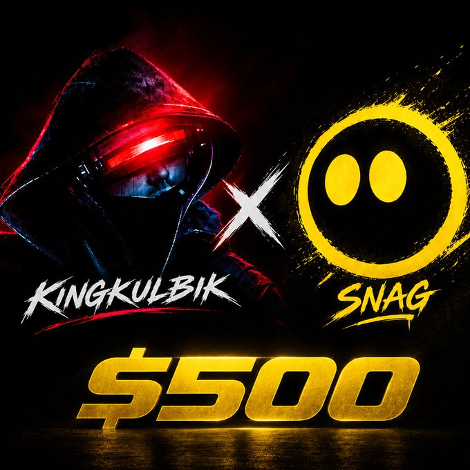 A hooded figure with red glowing goggles faces off against a yellow smiley face above the bold "$500" prize text, advertising a giveaway collaboration between Snag and KingKulbik for 5 lucky followers who repost and turn on notifications.