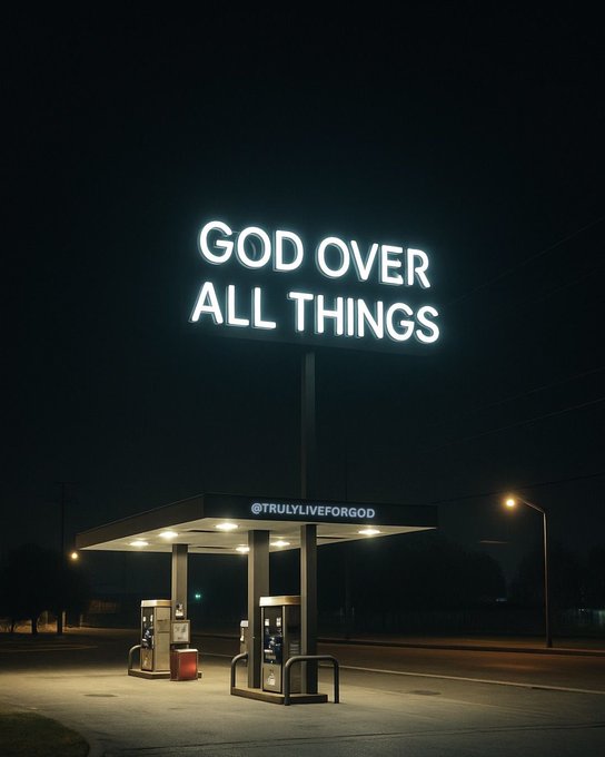 A gas station at night is illuminated by a large glowing sign reading 'GOD OVER ALL THINGS' with '@TRULYLIVEFORGOD' below it.