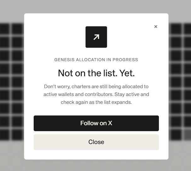 A popup dialog showing "GENESIS ALLOCATION IN PROGRESS - Not on the list. Yet." with options to "Follow on X" or "Close," relating to the post's advice for users not yet on the Standard Reserve (standard_rsv) allocation list to add genuine value rather than generic content.