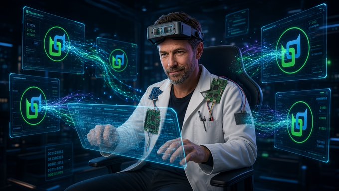 An AI-generated image of a man wearing a lab coat and AR headset, working on a transparent holographic screen with multiple green and blue logos floating around him.