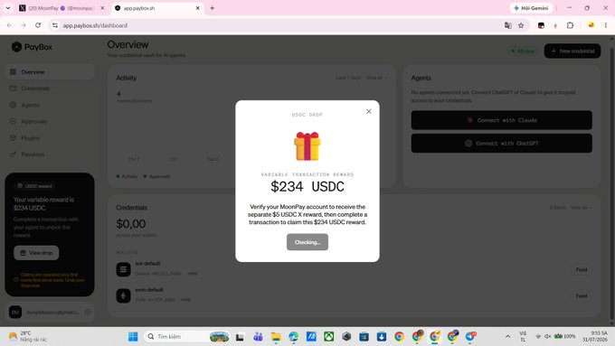 A computer screen displaying a PayBox dashboard with a USDC DROP popup offering $234 USDC reward.