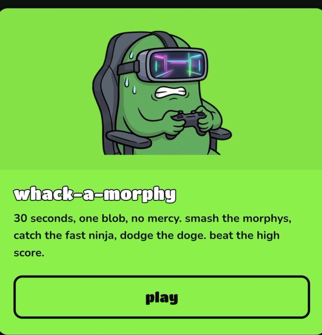 A mobile game screen titled 'whack-a-morphy' featuring a green cartoon character wearing a VR headset and holding a game controller, with instructions: '30 seconds, one blob, no mercy. smash the morphys, catch the fast ninja, dodge the doge. beat the high score.' and a 'play' button.