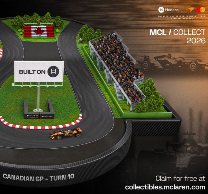 urn of a miniature race track with a Canadian G-turn sign, surrounded by green grass and trees, with the text "MCL / Collect" and "Canada G-turn 10".