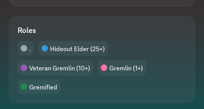 A 'Roles' interface panel showing community membership tiers with colored badges: 'Hideout Elder (25+)' in blue, 'Veteran Gremlin (10+)' in purple, 'Gremlin (1+)' in pink, and 'Gremified' in green.