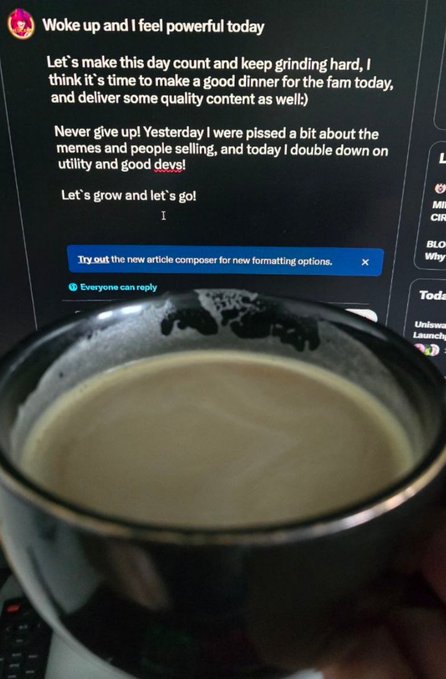 A screenshot of an online post titled 'Woke up and I feel powerful today' about making a good dinner for the fam, with a glass mug of a milky beverage in the foreground.