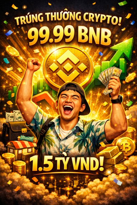 A promotional graphic in Vietnamese reading 'TRÚNG THƯỞNG CRYPTO! 99.99 BNB' and '1.5 TỶ VNĐ!' featuring a man cheering with cash next to a large BNB coin and upward arrows.