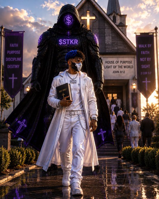 A digital illustration of a man in a white outfit holding a 'Holy Bible' walking ahead of a massive cloaked figure labeled '$STKR', flanked by banners reading 'FAITH PURPOSE DISCIPLINE DESTINY' and 'WALK BY FAITH NOT BY SIGHT 2 COR 5:7' outside a 'HOUSE OF PURPOSE' church.