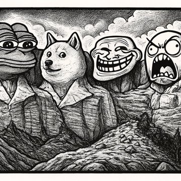 A pencil-style parody of Mount Rushmore featuring Pepe the Frog, Doge, the Trollface, and a rage comic face.