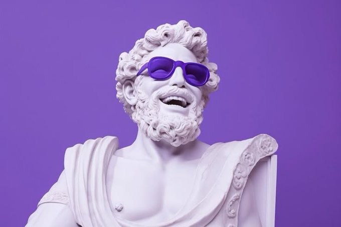 A white classical statue of a bearded man wearing purple sunglasses against a purple background.