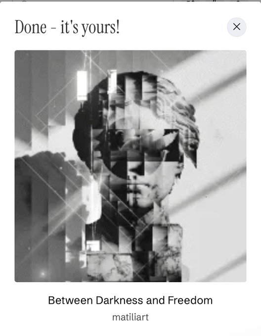 A black and white glitch-art style portrait titled 'Between Darkness and Freedom' by matiliart, showing a fragmented classical bust, marked 'Done - it's yours!'.