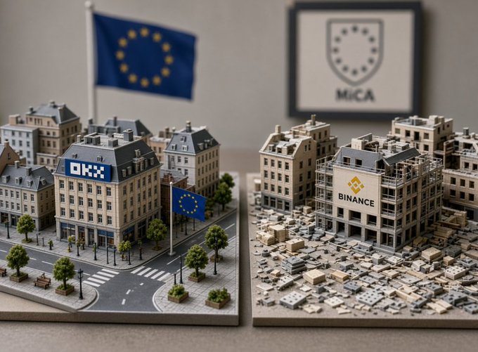 A miniature diorama depicting two European cityscapes, one labeled 'OKX' with EU flags and another labeled 'BINANCE' next to a 'MiCA' logo, illustrating cryptocurrency exchange regulatory comparison.