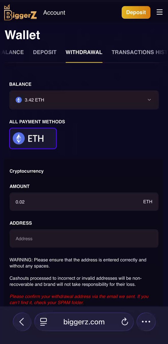 The image shows a phone screen displaying a page with information about a cryptocurrency wallet. The wallet allows users to send Ether from their account to another user's account, as well as receive Ether back into their own account. The screen also has an error message that reads "WARNING! Cash transactions are not accepted at this time". This warning indicates that the current Bitcoin exchange is not accepting cash payments for Ether transfers.