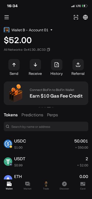 A screenshot of the BloFin Wallet app showing Wallet B - Account 01 with a balance of $52.00 across all networks, displaying holdings of USDC ($50.00), USDT ($2.00), and ETH ($0.00). The image confirms the successful receipt of the stimulus mentioned in the post by showing the updated wallet balance and available tokens.