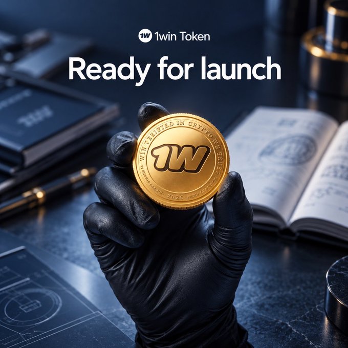 A promotional advertisement for '1win Token' featuring a gloved hand holding a gold '1W' cryptocurrency coin with 'Ready for launch' text displayed above.