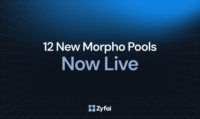 A promotional graphic for ZyFAI announcing '12 New Morpho Pools Now Live' against a blue grid background.