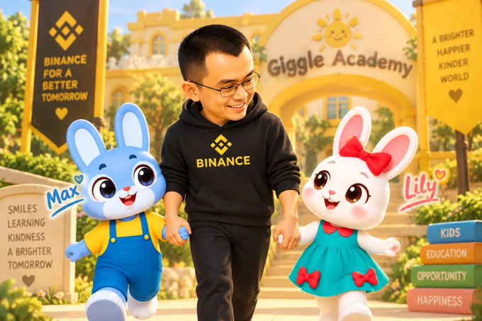 A promotional image featuring a young boy wearing a 'BINANCE' hoodie walking with two cartoon bunny mascots labeled 'Max' and 'Lily' in front of a 'Giggle Academy,' with banners reading 'BINANCE FOR A BETTER TOMORROW' and 'A BRIGHTER HAPPIER KINDER WORLD.'