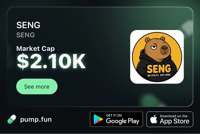 A promotional banner for a token called 'SENG' on pump.fun displays a market cap of $2.10K, featuring a cartoon bear wearing a hoodie with the tagline 'NO UTILITY, JUST SENG,' along with Google Play and App Store download buttons.