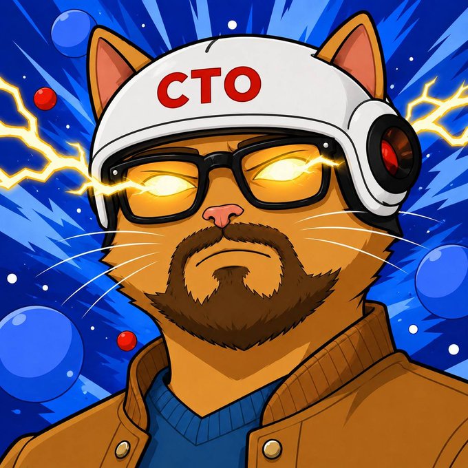 A stylized digital illustration of a cat wearing a white headband labeled 'CTO', glasses with glowing yellow lightning effects emanating from the lenses, and a brown jacket against a blue background with spheres.