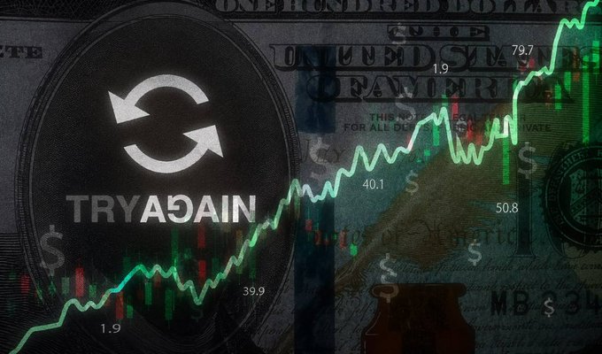 A promotional graphic for the Solana memecoin $TRYAGAIN featuring the token's circular logo overlaid on a US one hundred dollar bill background, with a green candlestick chart trending sharply upward. Numerical values like 1.9, 39.9, 40.1, 50.8, and 79.7 are visible on the chart, emphasizing the recent price surge before the 1M market cap milestone mentioned in the post.