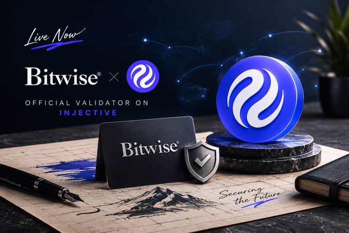 Bitwise has officially launched its validator node on the Injective ecosystem, as announced in this promotional graphic featuring the Bitwise and Injective logos. The image highlights this milestone by displaying the "Live Now" status and the phrase "Official Validator on Injective."
