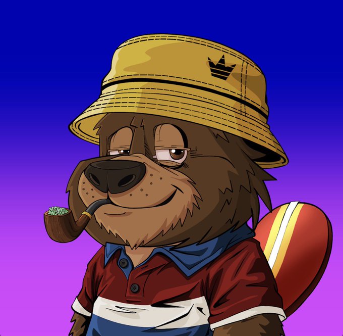 A cartoon illustration of an anthropomorphic brown dog wearing a yellow bucket hat with a crown logo, a red and white polo shirt, and smoking a pipe filled with green material, carrying a red and yellow bag against a purple background.