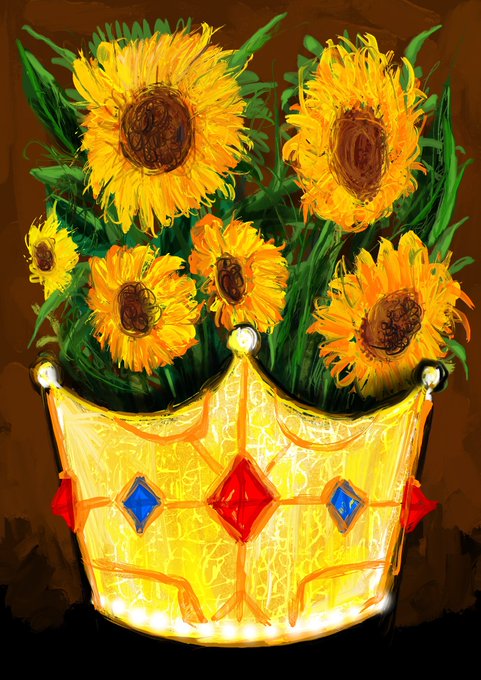 A painting features a bouquet of bright yellow sunflowers arranged in a glowing yellow crown adorned with red and blue gems.