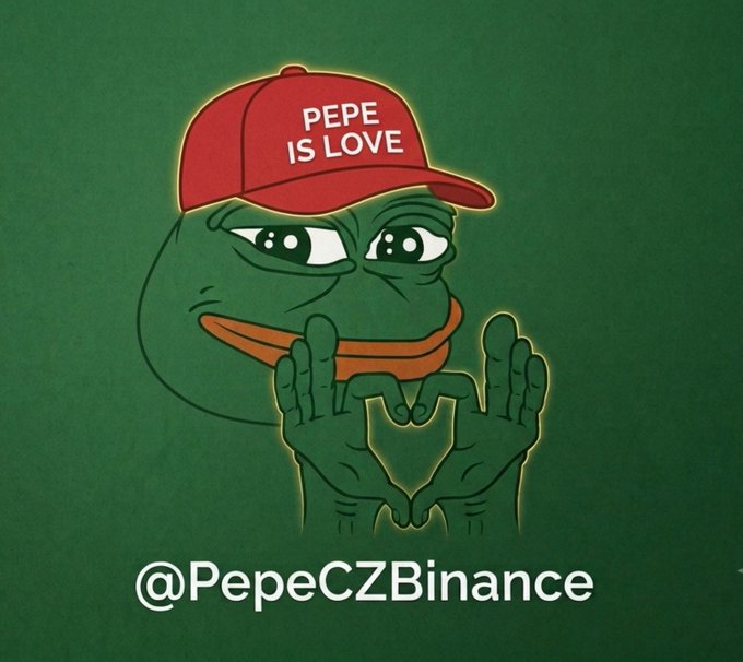 A digital illustration of Pepe the Frog wearing a red 'PEPE IS LOVE' cap and making a heart shape with his hands, with the text '@PepeCZBinance' below on a green background.