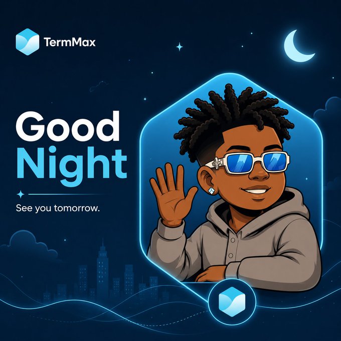 A TermMax "Good Night" social media graphic featuring an illustrated character with dreadlocks wearing blue sunglasses and waving, set against a nighttime cityscape with a crescent moon.
