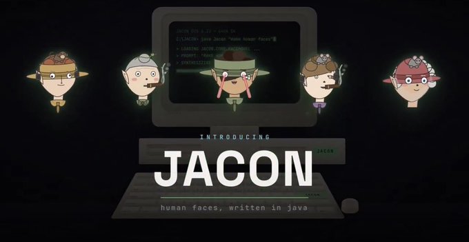 A promotional graphic reads 'INTRODUCING JACON - human faces, written in Java' with pixelated character heads floating around an old computer monitor displaying code.