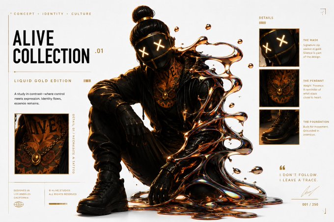 The image features an illustration of a person wearing black clothing and makeup, sitting down with their arms crossed over their chest. The background of the image shows a white wall with gold text that reads "Alive Collection" and "Liquor Gold Edition". There are also several images of the same person in different poses and angles on the page.