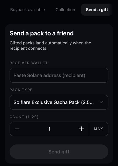 A dark-themed "Send a gift" interface on Solflare wallet displays a form for sending a "Solflare Exclusive Gacha Pack" to a Solana address, with options to set the count between 1-20. The screen illustrates the new gifting feature announced in the post, which highlights Solflare's wallet update allowing users to gift packs to friends directly from their wallet.