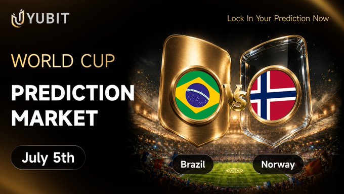 A YUBIT World Cup Prediction Market promotional graphic for the July 5th Brazil vs Norway matchup, featuring gold and silver shields displaying each nation's flag against a stadium backdrop, with a "Lock In Your Prediction Now" call-to-action tied to a $40,000 USDT prize pool.