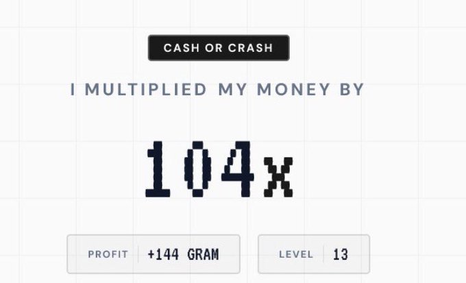 A screenshot from the "Cash or Crash" mini-game shows a player achieving a 104x multiplier, resulting in a profit of +144 $GRAM at level 13, matching the Telegram bot announcement on t.me/super_stake_bot.