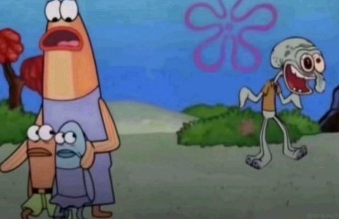The image shows a scene from SpongeBob SquarePants featuring fish characters from Bikini Bottom, with one excited character on the right seemingly celebrating while others look confused or concerned on the left. The caption relates to the post by depicting the lone enthusiastic character as the crypto enthusiast whose excitement about crypto is met with bewildered looks from the rest of the family.