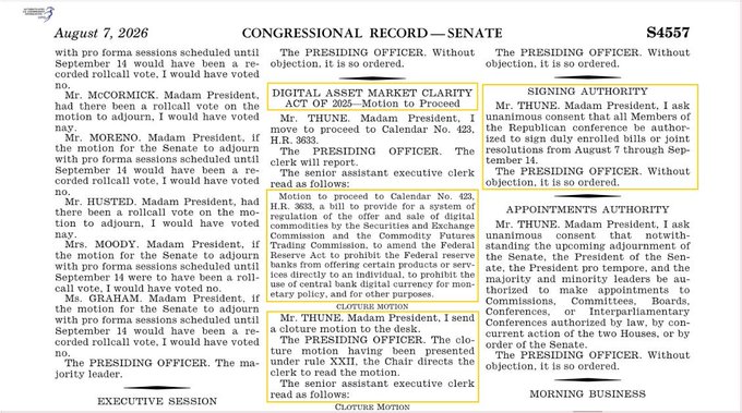 A page from the Congressional Record dated August 7, 2024, displays sections on 'DIGITAL ASSET MARKET CLARITY ACT OF 2025' and 'SIGNING AUTHORITY', with handwritten-style yellow highlights marking the digital asset text.