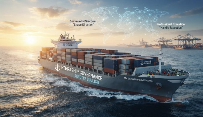 A large container ship labeled 'ETHRASHIP GOVERNANCE' and 'QUIETLY BULLISH' sailing on the ocean at sunset, with text overlays 'Community Direction: Shape Direction' and 'Professional Execution: Handle Execution' beneath a world map graphic.