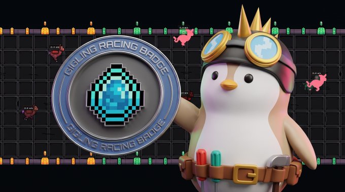 A digital illustration shows a penguin character wearing goggles and a utility belt, standing next to a 'GIGLING RACING BADGE' with a diamond icon against a game-like background.
