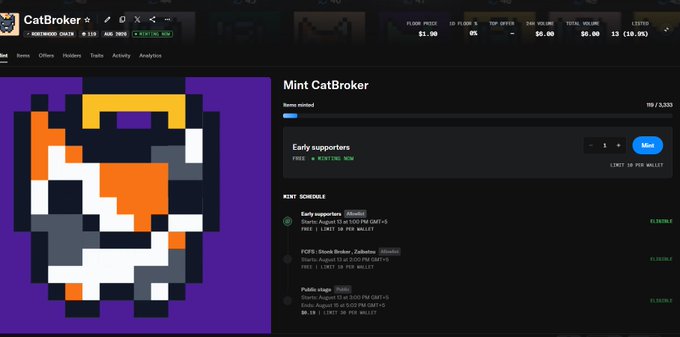 Screenshot of the CatBroker NFT minting page on a website, showing a pixel-art cat logo and a mint schedule with tiers like 'Early supporters', 'FCFS', and 'Public stage' priced in MON.