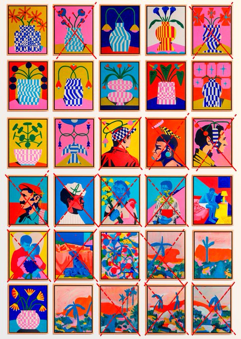 A colorful grid of Matisse-inspired art prints depicting vases, plants, portraits, and tropical scenes in vibrant reds, blues, yellows, and pinks, with several tiles crossed out by red X marks.