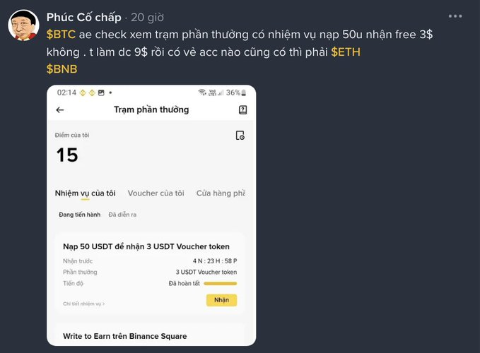 A Vietnamese social media post from 'Phúc Cô cháp' asks about a Binance reward station task offering 3 USDT Voucher token for depositing 50 USDT, mentioning $BTC, $ETH, and $BNB.