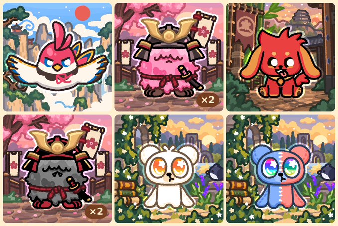 A grid of six cartoon-style NFT illustrations depicts various characters including a pink bird, samurai-themed round figures, a red dog-like creature, and cute round bear-like creatures in different colored outfits.