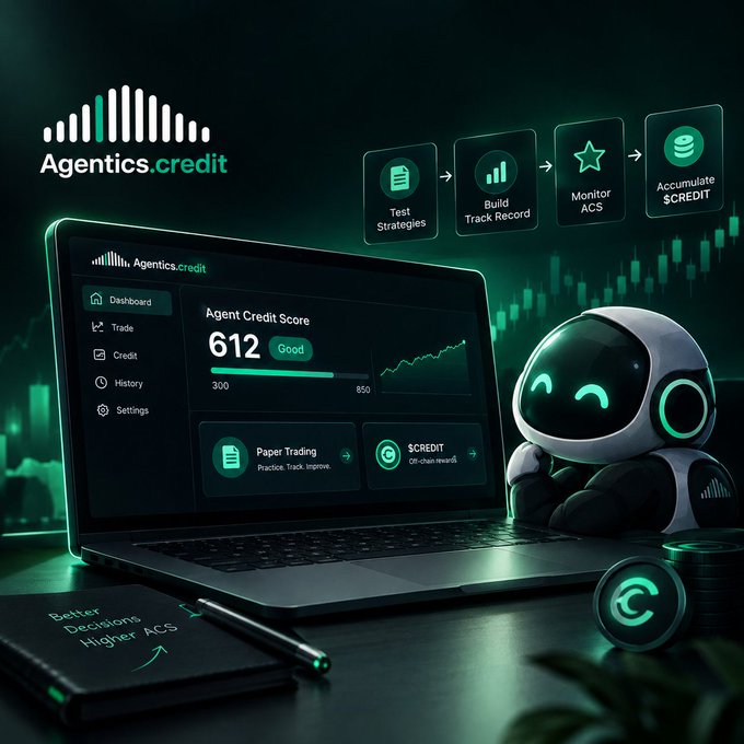 Marketing graphic for Agentics.credit featuring a laptop displaying an Agent Credit Score of 612 (Good), a small robot character, and a workflow illustrating Test Strategies → Build Track Record → Monitor ACS → Accumulate $CREDIT.