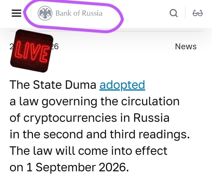 A screenshot from the Bank of Russia website (circled in purple) with a 'LIVE' badge, reporting that the State Duma adopted a law on cryptocurrency circulation effective 1 September 2026.